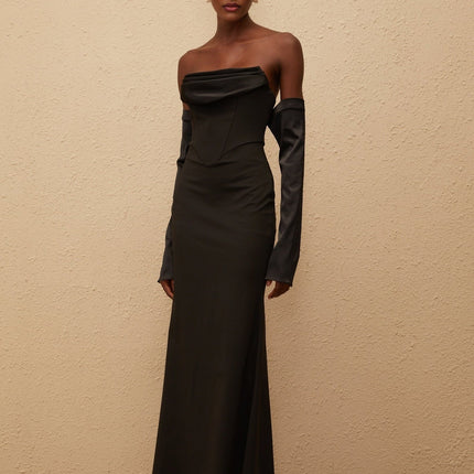 Mackenzie Maxi Dress in Black off-shoulder corset bodice slit cuffs flared hem boned rear zip fastening special occasions femininity refinement