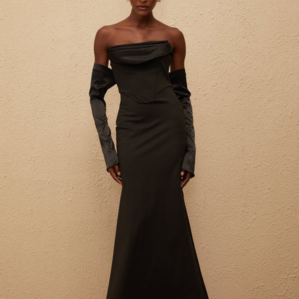 Mackenzie Black Maxi Dress with Off-Shoulder Design and Corset-Style Bodice in Terylene Fiber