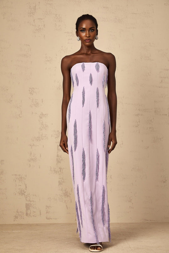 Mackenzie Maxi Dress in Regal Purple with Beaded Fringe Detailing and Back Slit