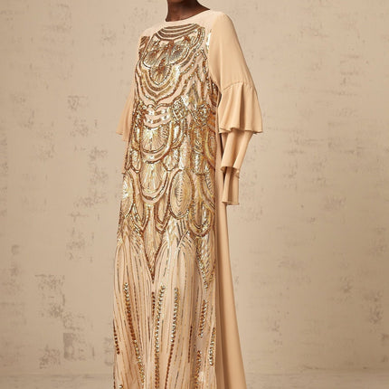 Mackenzie Neutrals Maxi Dress Polypropylene Polyamide Sequin Embellishments Tulle Ethereal Charm Long Ruffled Sleeves Straight Hem Soirée Special Occasion Sartorial Masterpiece Grace Style