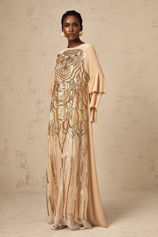 Mackenzie Neutrals Maxi Dress Polypropylene Polyamide Sequin Embellishments Tulle Ethereal Charm Long Ruffled Sleeves Straight Hem Soirée Special Occasion Sartorial Masterpiece Grace Style