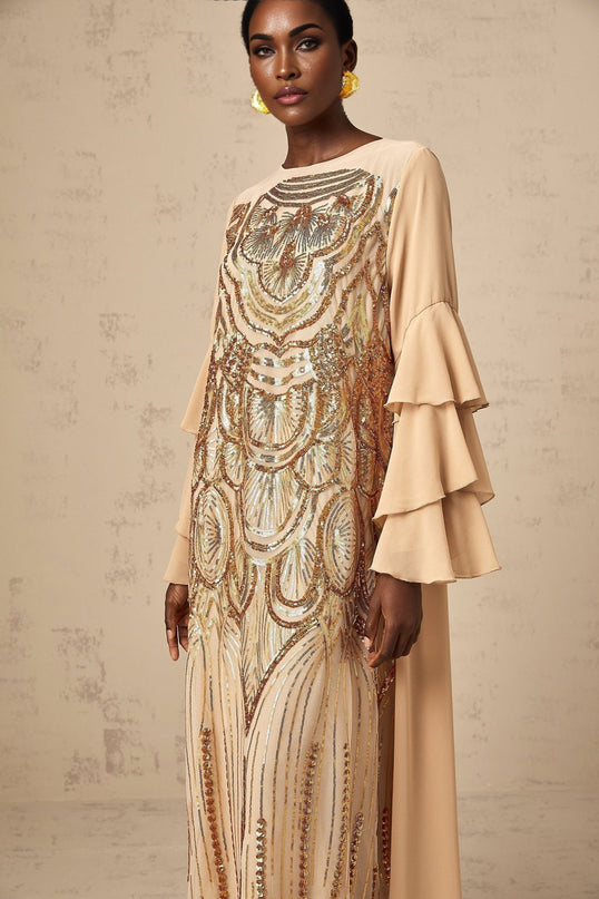 Mackenzie Neutrals Maxi Dress Polypropylene Polyamide Sequin Embellishments Tulle Ethereal Charm Soirée Special Occasion Sartorial Masterpiece Grace Style