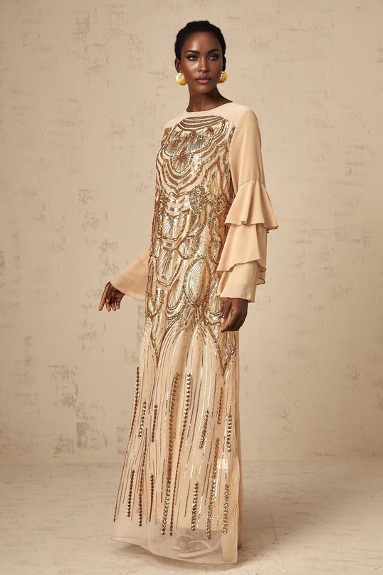 Mackenzie Neutrals Maxi Dress Polypropylene Polyamide Sequin Embellishments Tulle Ethereal Charm Straight Hem Soirée Special Occasion Sartorial Masterpiece Grace Style