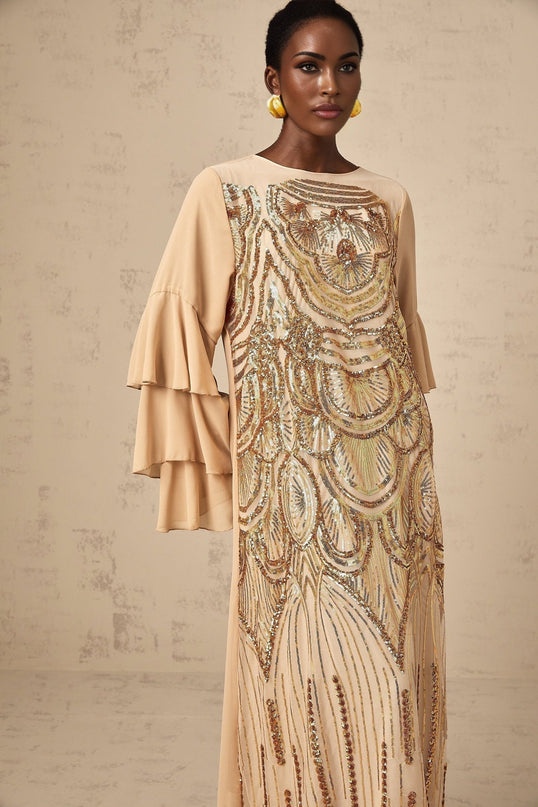 Mackenzie Neutrals Maxi Dress with Sequin Embellishments