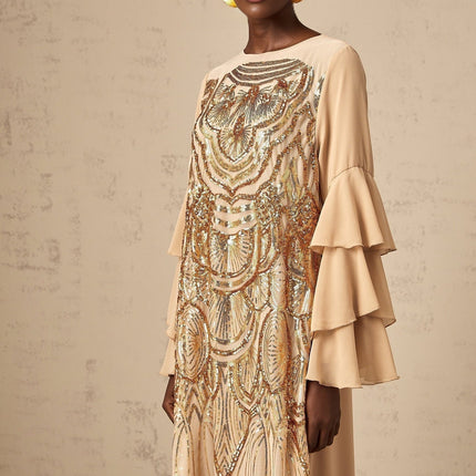 Mackenzie Neutrals Maxi Dress Polypropylene Polyamide Sequin Embellishments Tulle Ethereal Charm Soiree Special Occasion Sartorial Masterpiece Grace Style