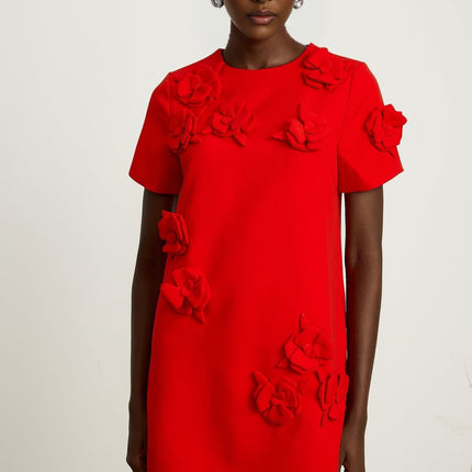 Mackenzie Red Floral Applique Mini Dress with Round Neck and Short Sleeves