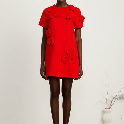 Mackenzie Red Floral Appliqué Mini Dress with Round Neck and Short Sleeves
