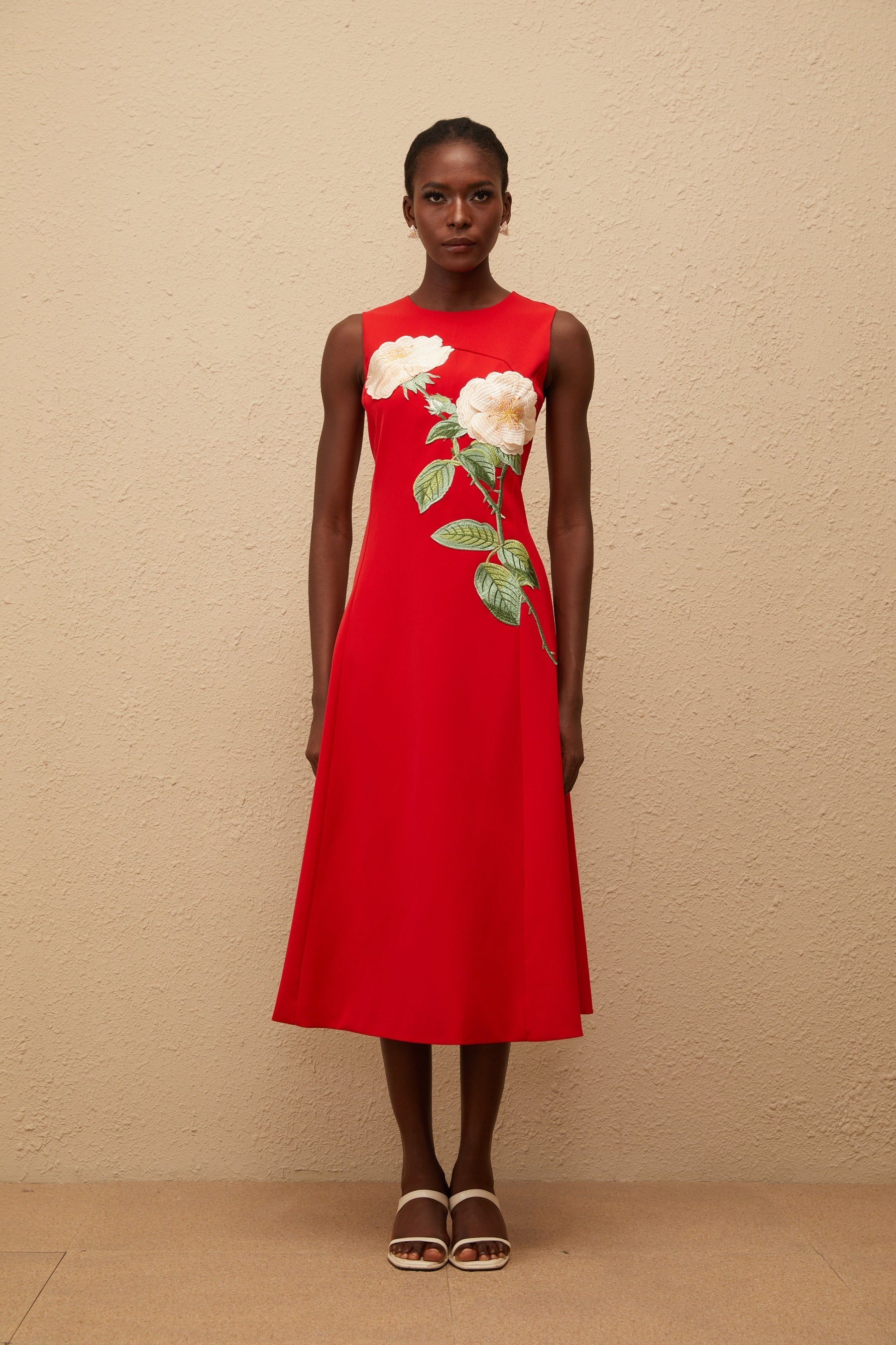 Mackenzie Red Floral Embroidered Midi Dress