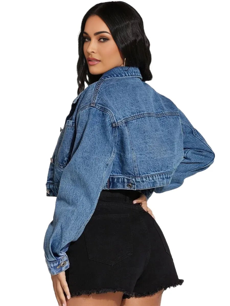 Macy Cropped Denim Jacket with Collar and Pockets in Blue - Blue