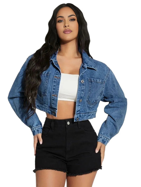 Macy Cropped Denim Jacket with Collar and Pockets in Blue - Blue