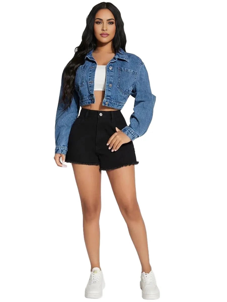 Macy Cropped Denim Jacket with Collar and Pockets in Blue - Blue