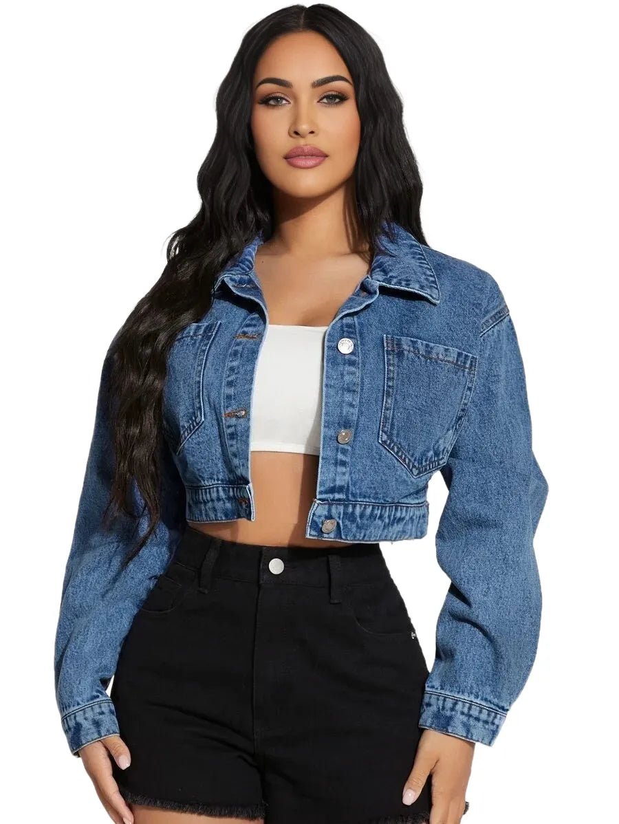 Macy Cropped Denim Jacket with Collar and Pockets in Blue - Blue