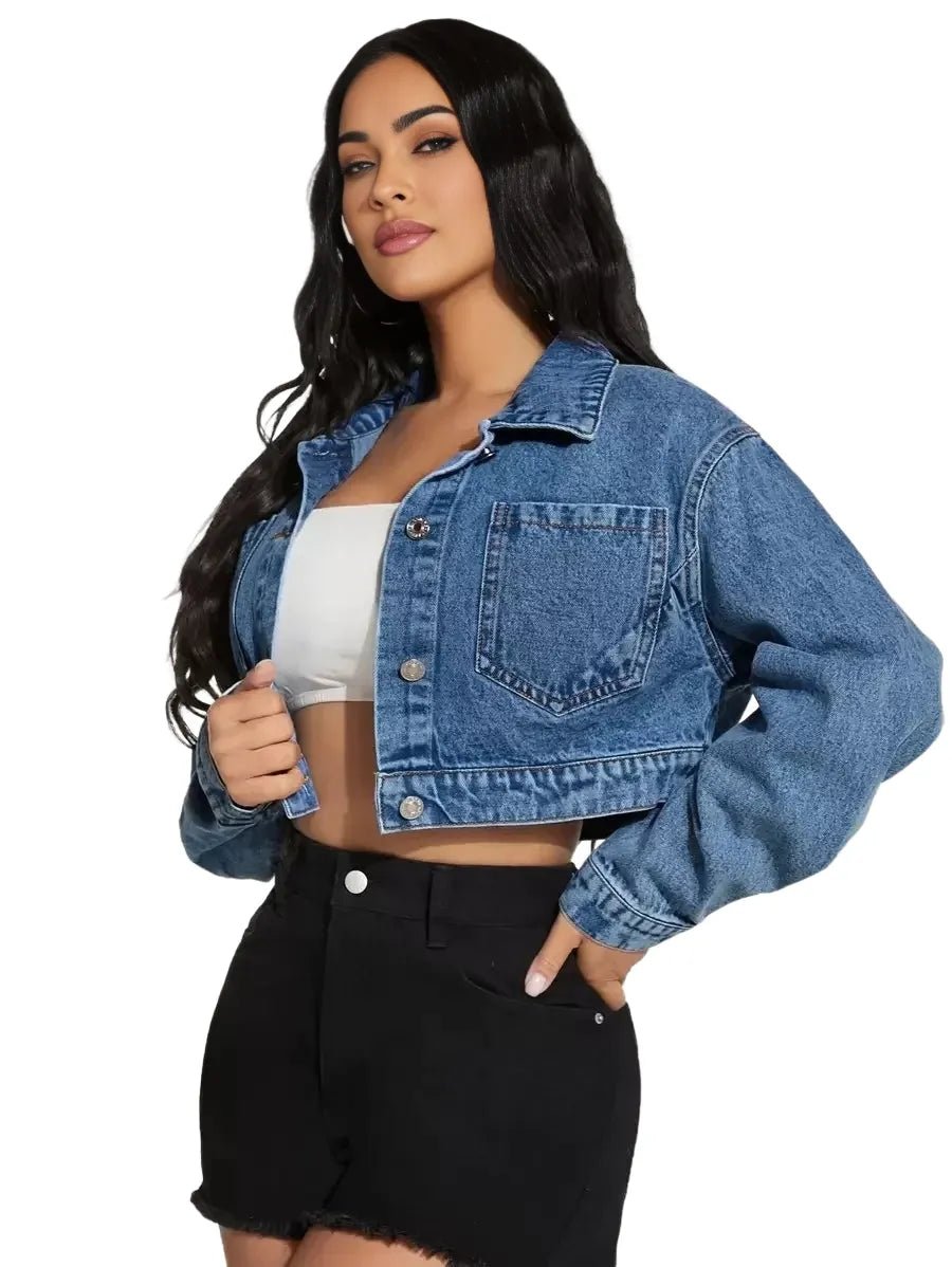 Macy Cropped Denim Jacket with Collar and Pockets in Blue - Blue