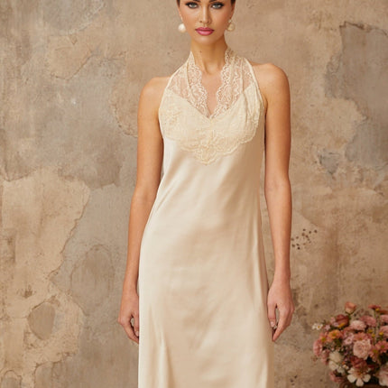 Macy Maxi Dress White Lace Trim Satin Halterneck Sleeveless Elegant Fashion