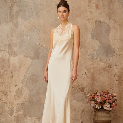 Macy Maxi Dress Cream White Lace Trim Halterneck Satin Finish