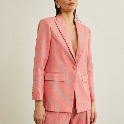 Macy Pink Crystal Embellished Vertical Stripe Jacket and Trousers Set