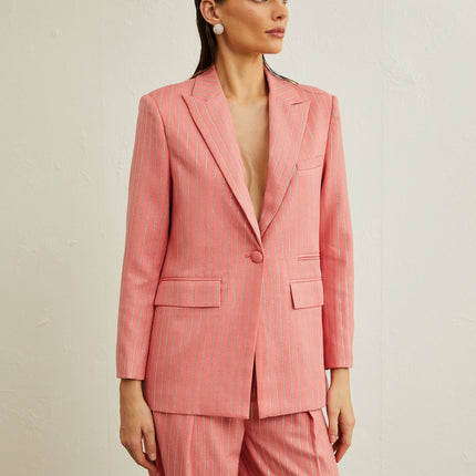 Macy Pink Crystal Embellished Vertical Stripe Jacket Trousers Set