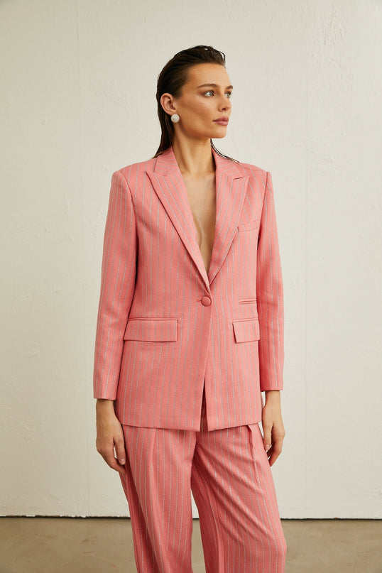 Macy Pink Crystal Embellished Vertical Stripe Jacket Trousers Set