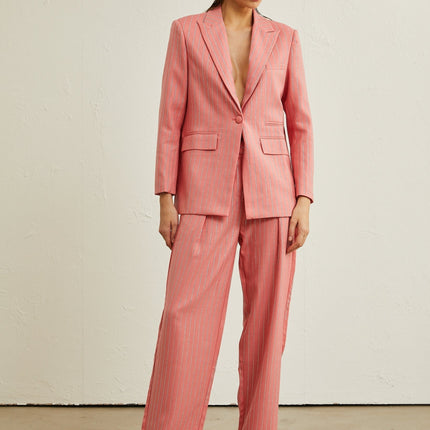 Macy Pink Crystal Embellished Vertical Stripe Jacket and Trousers Set