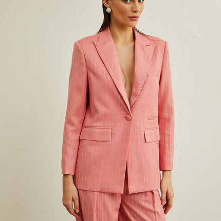 Macy Pink Crystal Embellished Vertical Stripe Jacket and Trousers Set