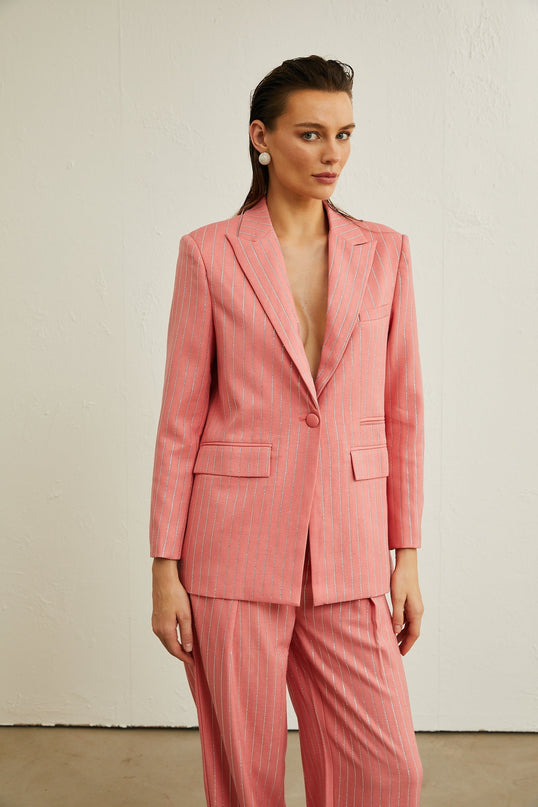 Macy Pink Crystal Embellished Vertical Stripe Jacket and Trousers Set