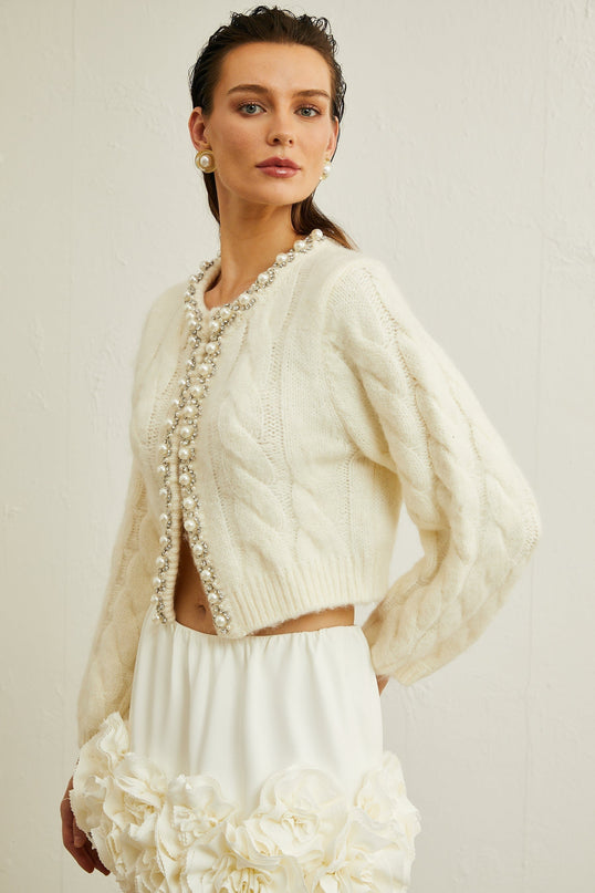 Macy White Faux Pearl Knit Jacket