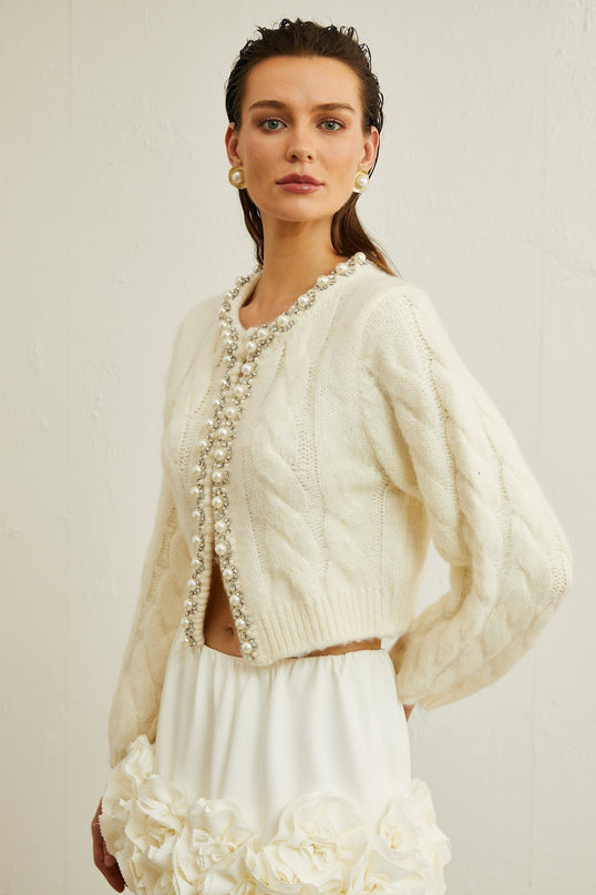 Macy White Faux Pearl Knit Jacket