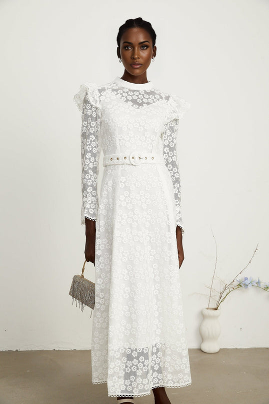 Macy White Floral Embroidered Midi Dress
