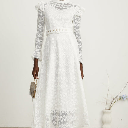 Macy White Floral Embroidered Midi Dress