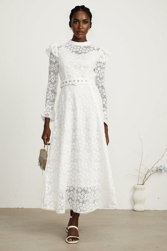 Macy White Floral Embroidered Midi Dress