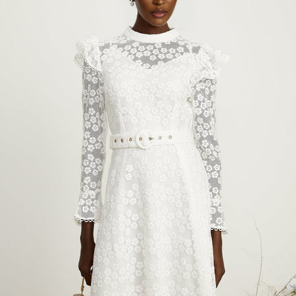 Macy White Floral Embroidered Midi Dress