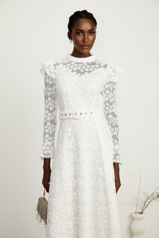 Macy White Floral Embroidered Midi Dress