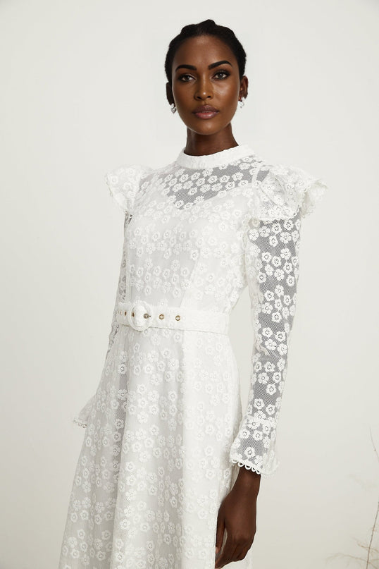 Macy White Floral Embroidered Midi Dress