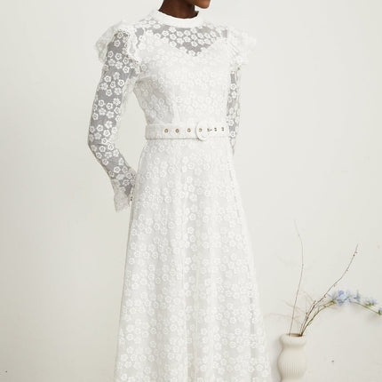 Macy White Floral Embroidered Midi Dress