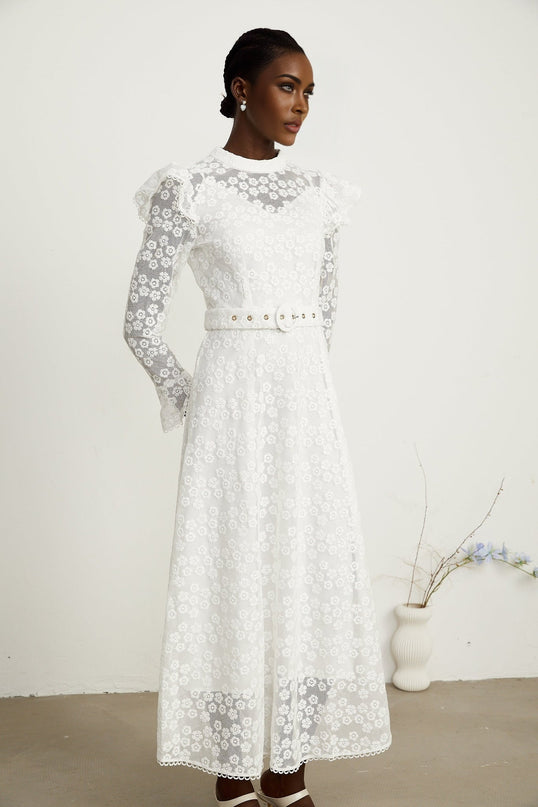 Macy White Floral Embroidered Midi Dress