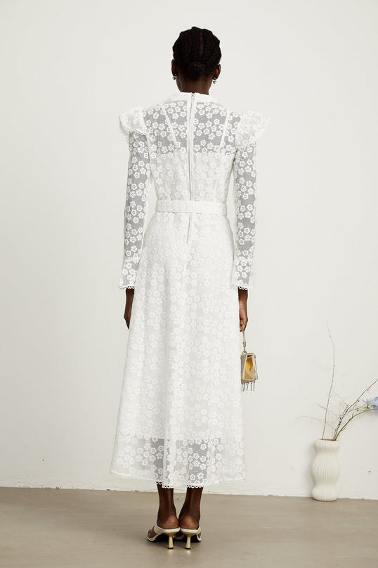 Macy White Floral Embroidered Midi Dress