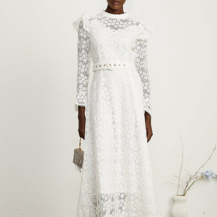 Macy White Floral Embroidered Midi Dress