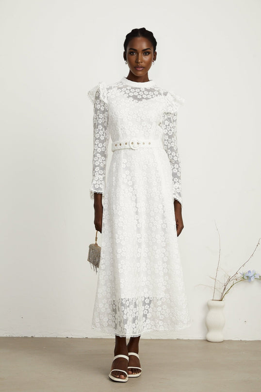 Macy White Floral Embroidered Midi Dress