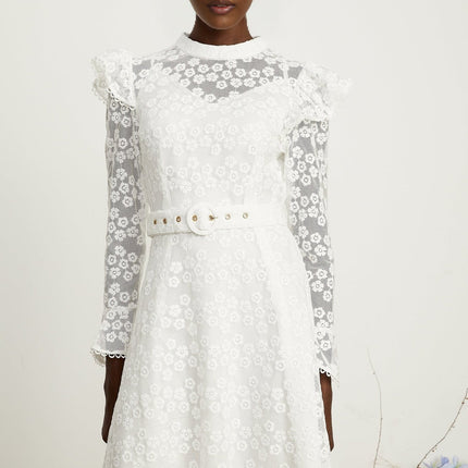 Macy White Floral Embroidered Midi Dress