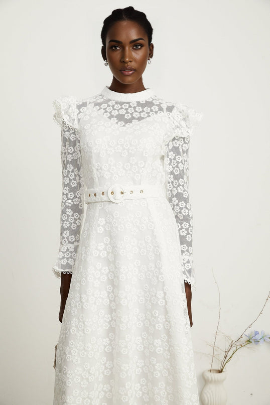 Macy White Floral Embroidered Midi Dress