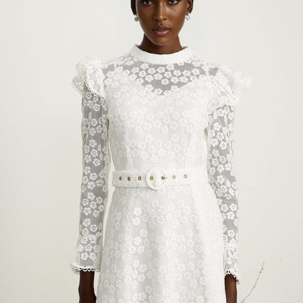 Macy White Floral Embroidered Midi Dress