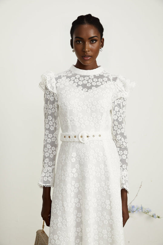 Macy White Floral Embroidered Midi Dress