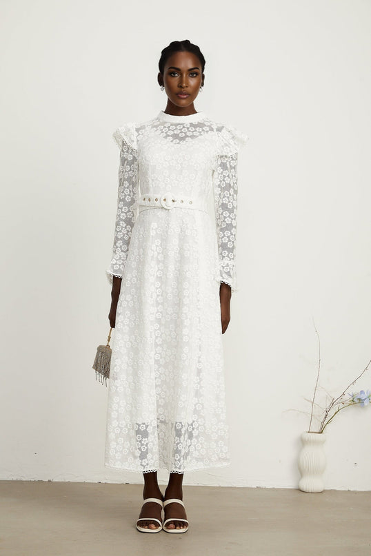 Macy White Floral Embroidered Midi Dress