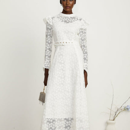 Macy White Floral Midi Dress with Embroidery and Waist Belt