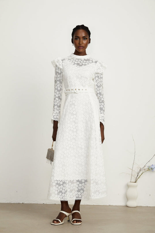 Macy White Floral Midi Dress with Embroidery and Waist Belt
