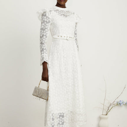 Macy White Floral Midi Dress with Embroidery and Waist Belt