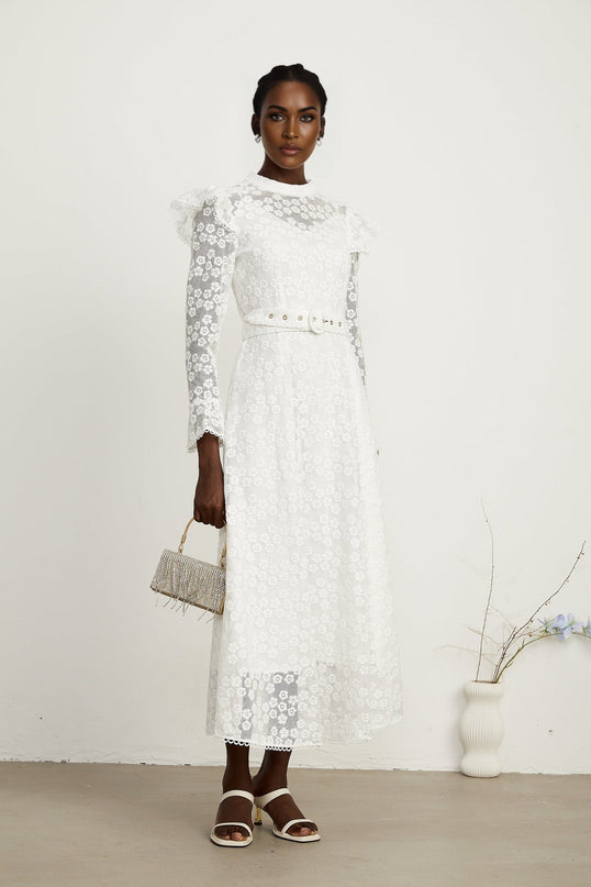 Macy White Floral Midi Dress with Embroidery and Waist Belt