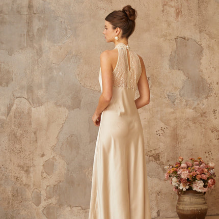 Macy White Lace Trim Halterneck Maxi Dress