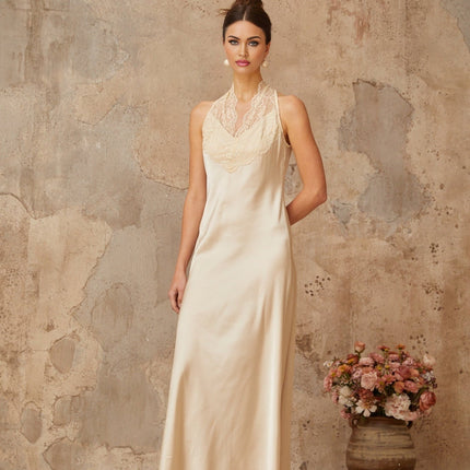 Macy White Lace Trim Satin Maxi Dress