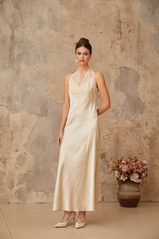 Macy White Lace Trim Satin Maxi Dress